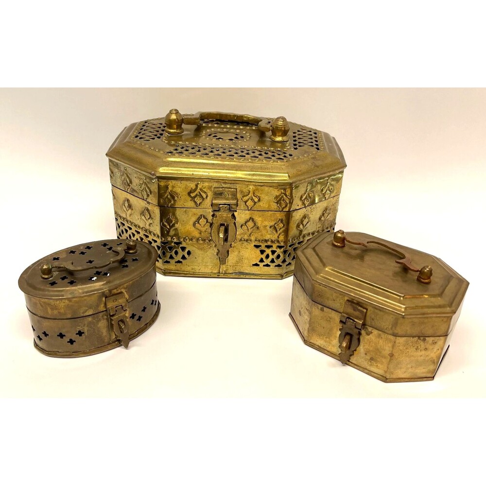 Vintage Brass Decorative Box Set of 3 Pierced Octagonal Oval Patina India